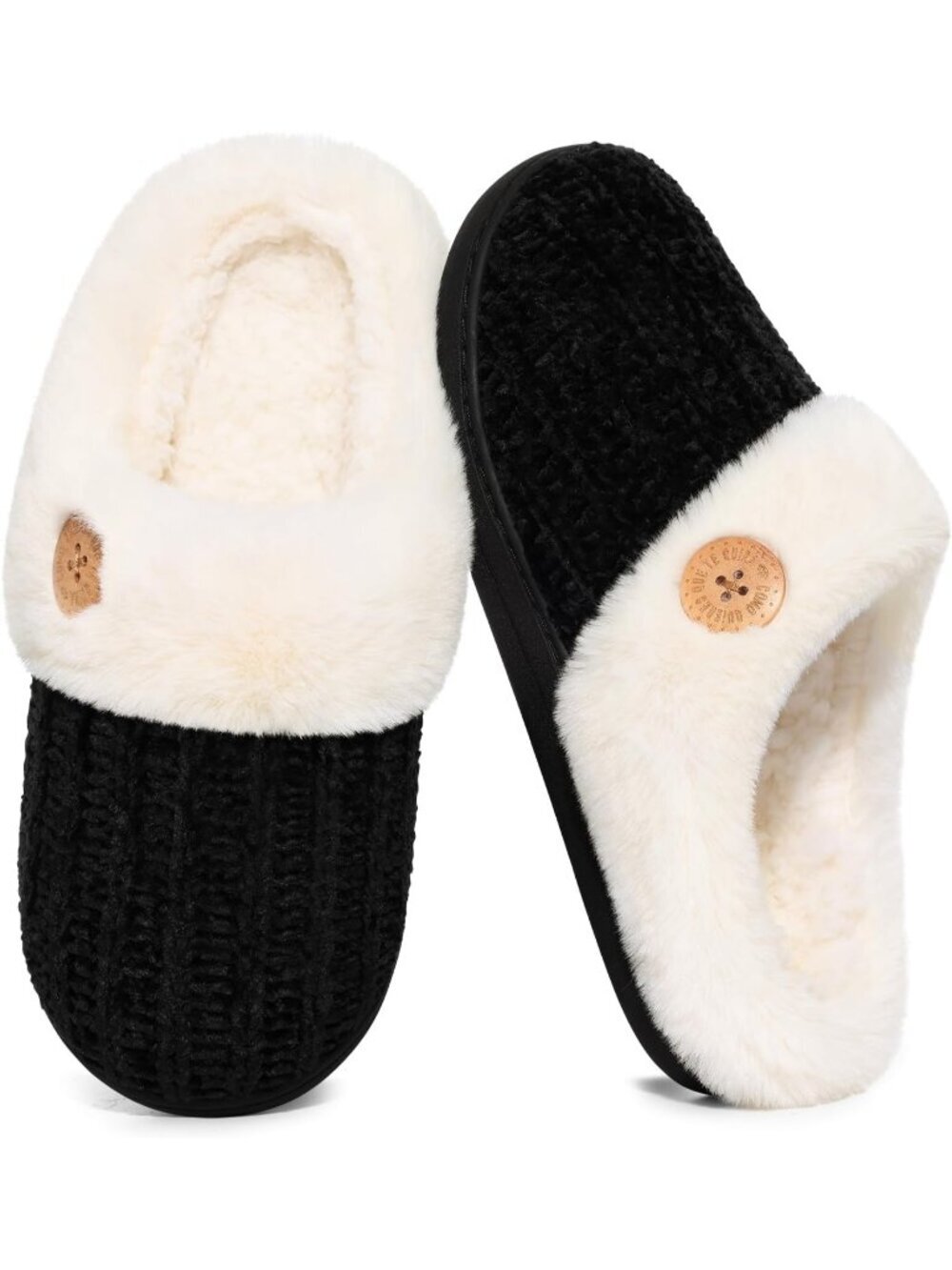 Women's Buttoned Black Comfy Wool Like Lined Closed Toe Warm Knit Slipper Shoes